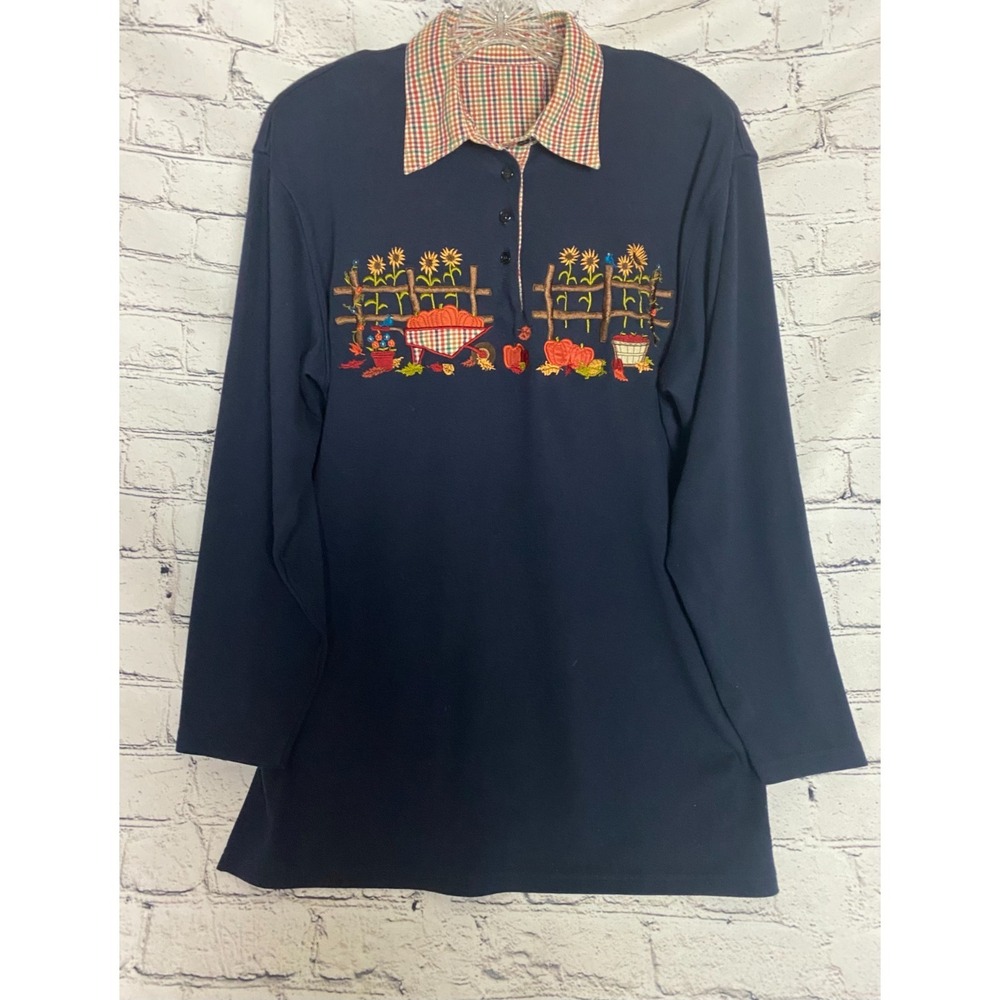 VTG Womens L Pullover Top Navy Blue Floral Embroidered Granny Core Fall